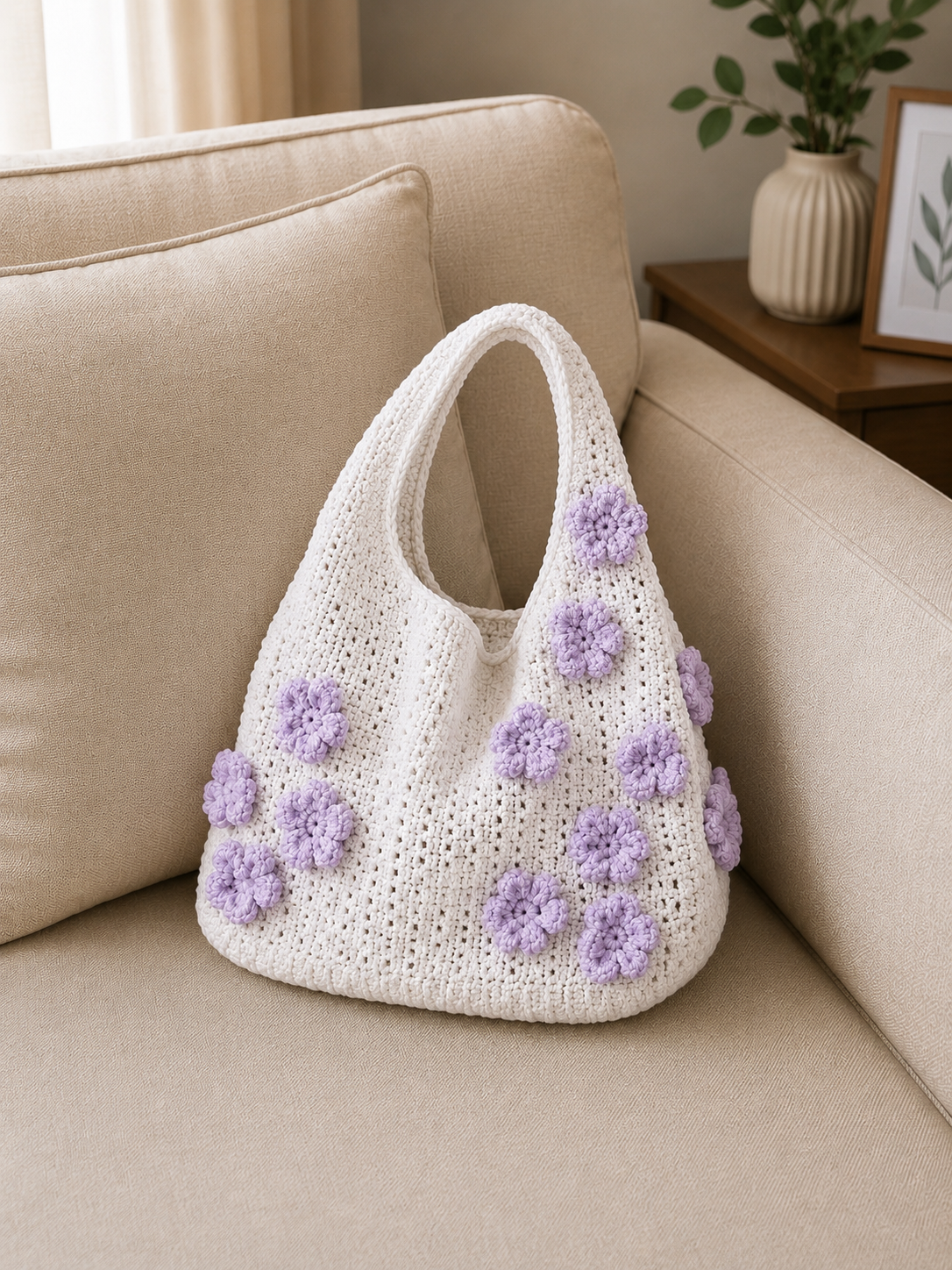 Purple and white crochet bag